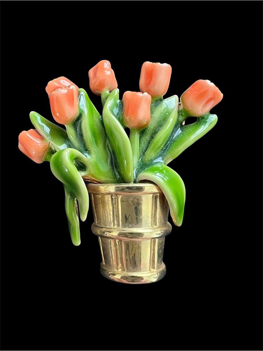 Vintage Enamel Tulips in Basket Pin Brooch